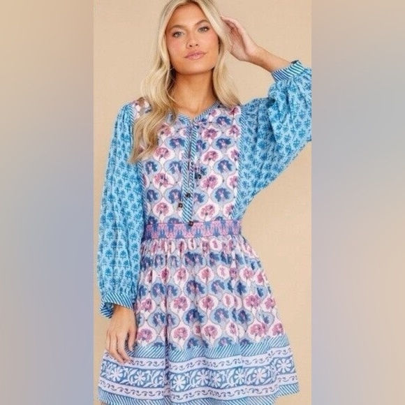 Oliphant Dress NWT Tie Front Balloon Mini Iris Blue long sleeves flare dress - Picture 8 of 11